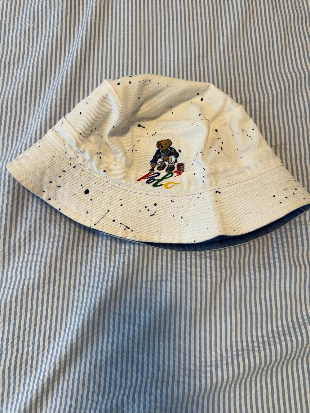 Polo by Ralph Lauren Kids White Paint-Splatter Bucket Hat with Bear Embroidery